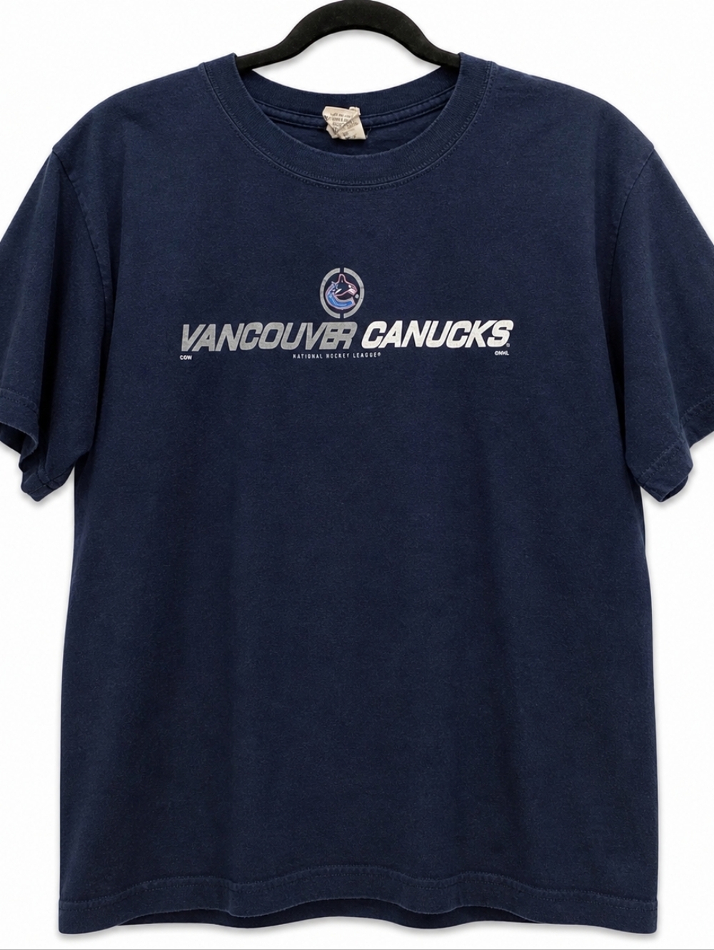 Vancouver Canucks NHL Graphic T-Shirt Navy Blue Large Retro Hockey Fan Tee